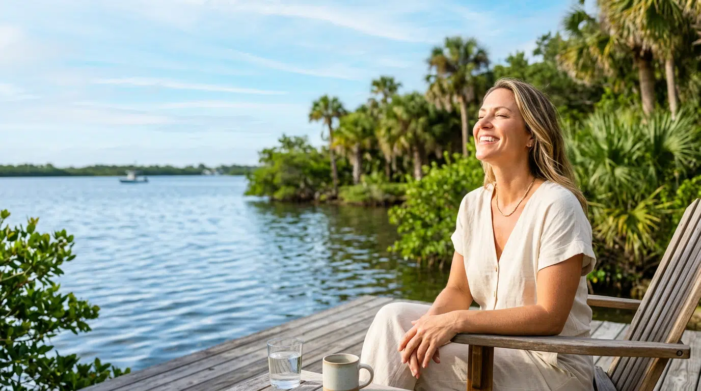 Woman smiling on lakeside deck with coffee